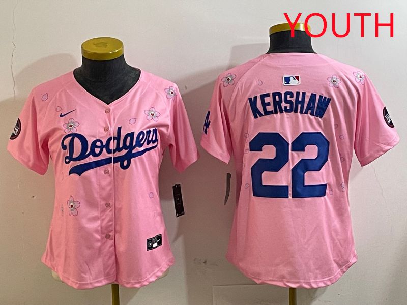 Youth Los Angeles Dodgers 22 Kershaw Pink White Blue Sakura Edition 2025 Nike MLB Jersey style 1